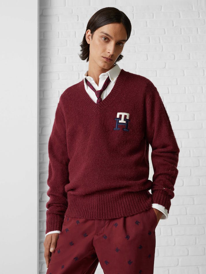 Tommy Hilfiger Th Monogram Brushed Wool Relaxed Men's Jumpers Dark Red | DBeccVTekZvo