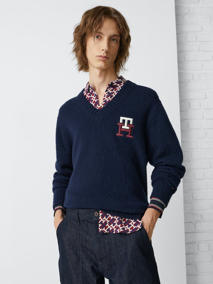 Tommy Hilfiger Th Monogram Brushed Wool Relaxed Men's Jumpers Blue | qFPGuxBqeWS6