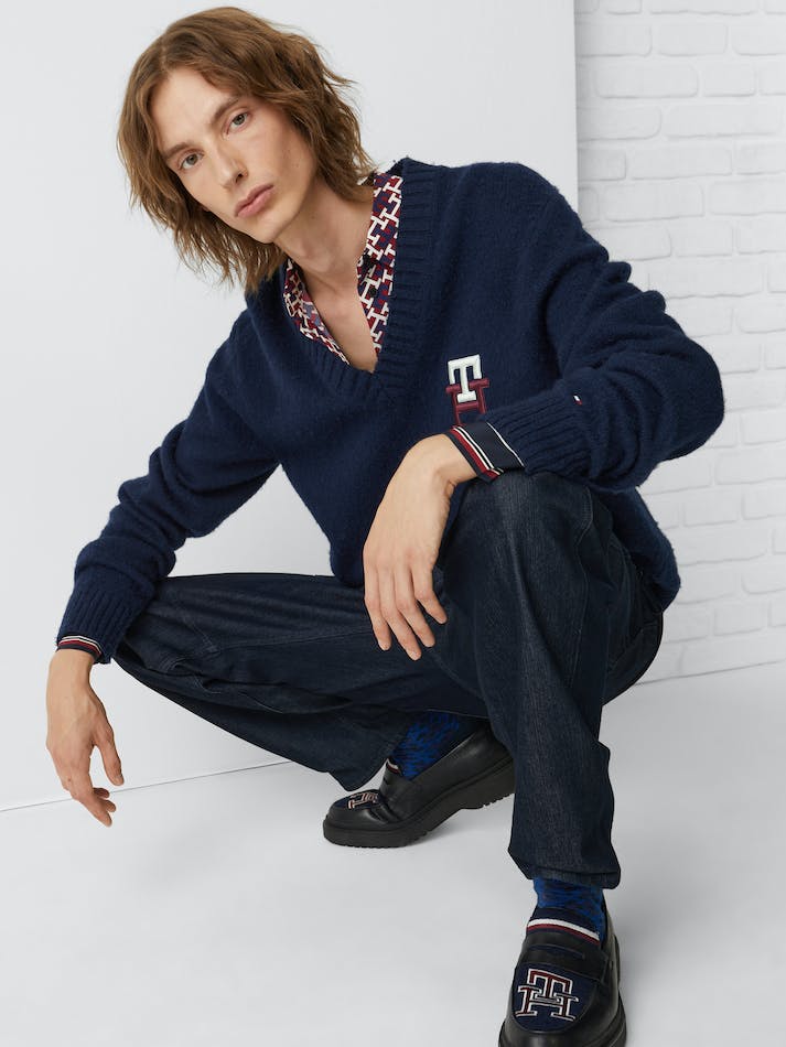 Tommy Hilfiger Th Monogram Brushed Wool Relaxed Men's Jumpers Blue | qFPGuxBqeWS6