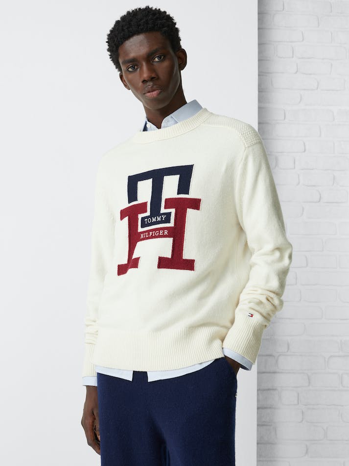 Tommy Hilfiger Th Monogram Crew Neck Men's Jumpers White | bKBITOoj6sGl