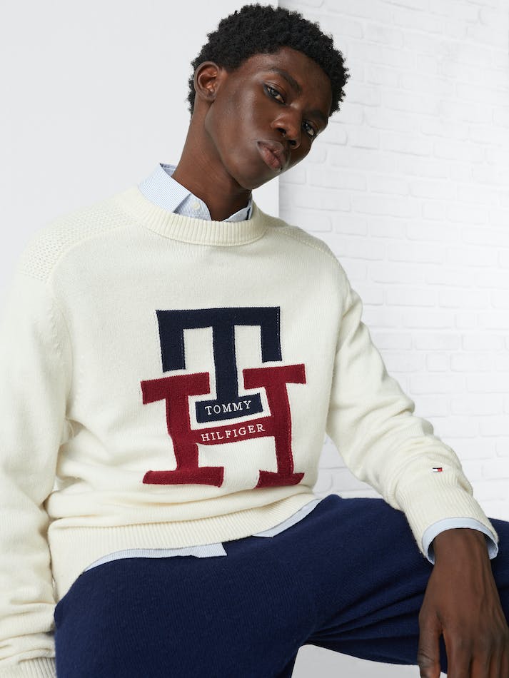 Tommy Hilfiger Th Monogram Crew Neck Men's Jumpers White | bKBITOoj6sGl