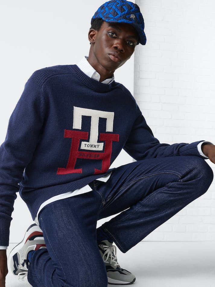 Tommy Hilfiger Th Monogram Crew Neck Men's Jumpers Blue | vG3G2y13RVIk