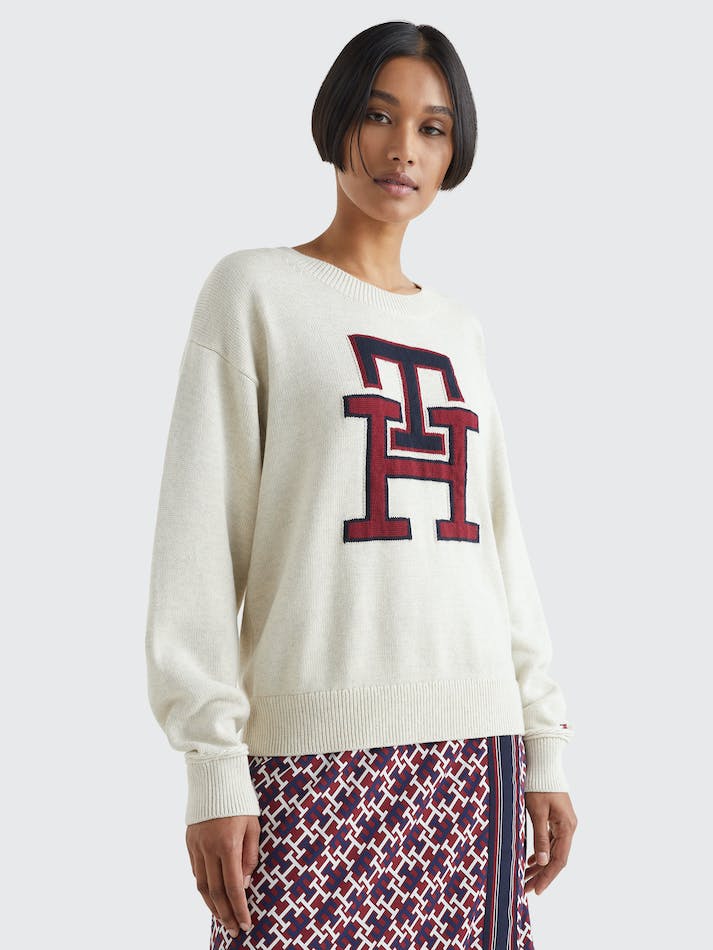 Tommy Hilfiger Th Monogram Crew Neck Women's Jumpers White | 6nevMnMYOqvD