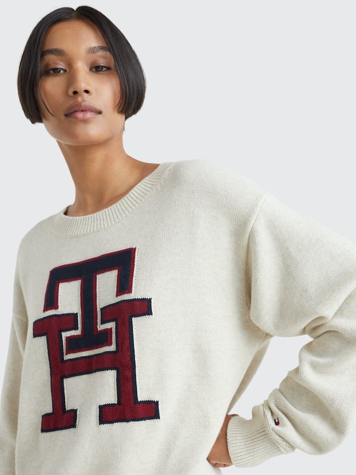 Tommy Hilfiger Th Monogram Crew Neck Women's Jumpers White | 6nevMnMYOqvD