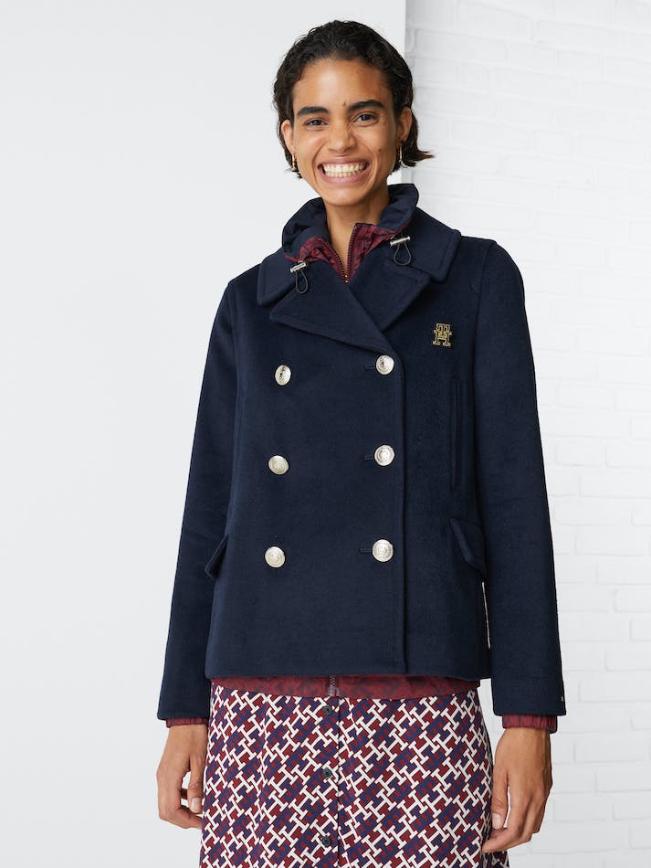 Tommy Hilfiger Th Monogram Double Breasted Women's Coats Blue | hDjHDDXPLY59