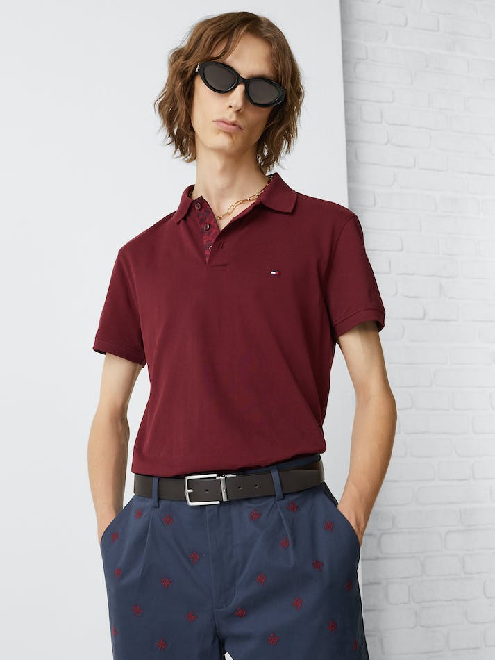 Tommy Hilfiger Th Monogram Placket Slim Fit Men's Polo Shirts Dark Red | gSTa783ivRE7