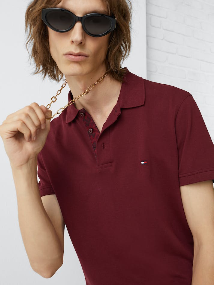 Tommy Hilfiger Th Monogram Placket Slim Fit Men's Polo Shirts Dark Red | gSTa783ivRE7