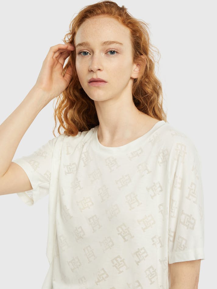 Tommy Hilfiger Th Monogram Relaxed Fit Women's T Shirts White | NQdLKn0IZILt