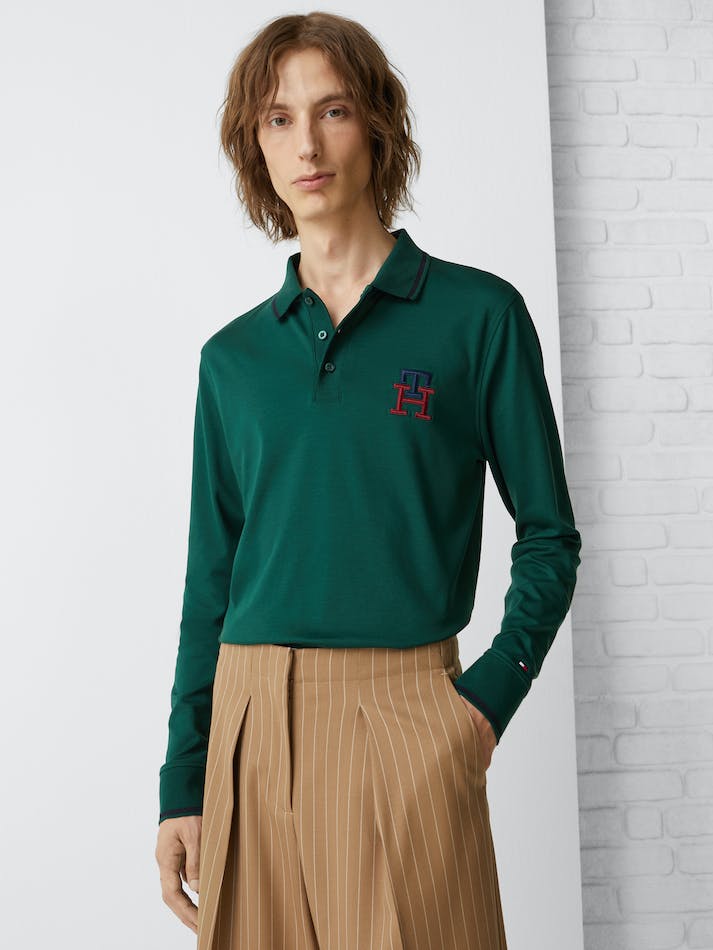 Tommy Hilfiger Th Monogram Slim Fit Long-Sleeve Men's Polo Shirts Hunter | JFHlv26S4pEC