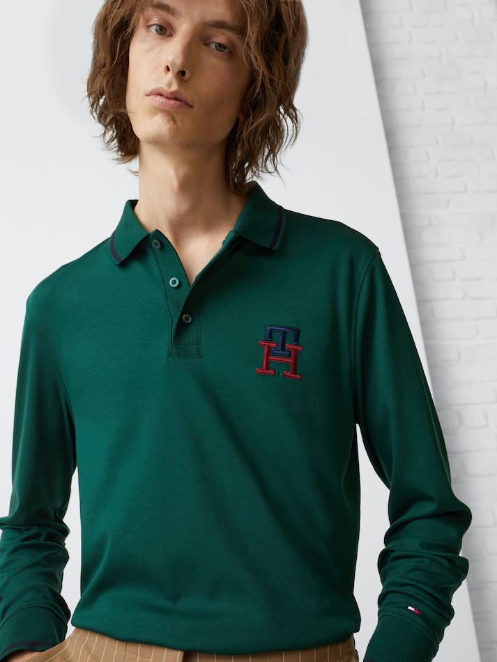 Tommy Hilfiger Th Monogram Slim Fit Long-Sleeve Men's Polo Shirts Hunter | JFHlv26S4pEC