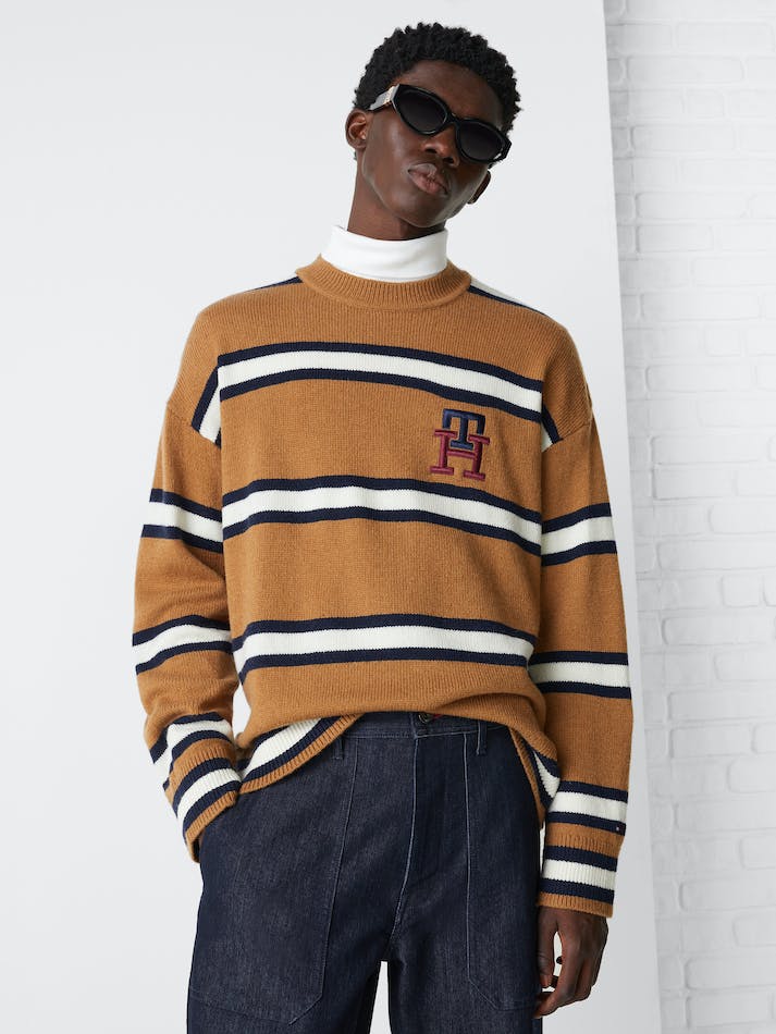 Tommy Hilfiger Th Monogram Stripe Oversized Men's Jumpers Khaki | T5dKGYVz2XVB