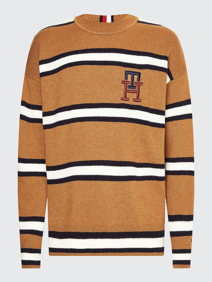 Tommy Hilfiger Th Monogram Stripe Oversized Men's Jumpers Khaki | T5dKGYVz2XVB