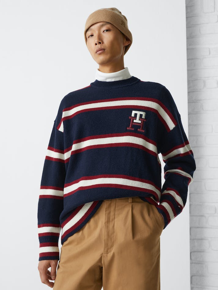 Tommy Hilfiger Th Monogram Stripe Oversized Men's Jumpers Blue | fUEZWlES3QUs