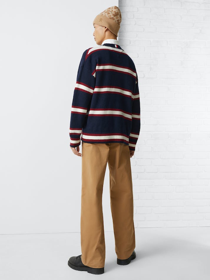 Tommy Hilfiger Th Monogram Stripe Oversized Men's Jumpers Blue | fUEZWlES3QUs