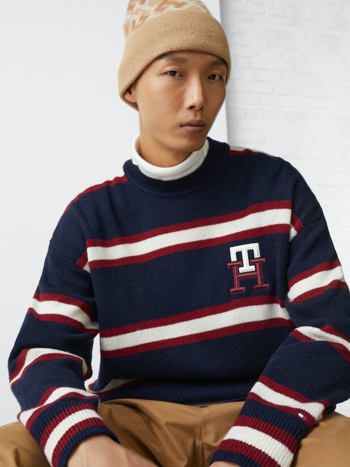 Tommy Hilfiger Th Monogram Stripe Oversized Men's Jumpers Blue | fUEZWlES3QUs