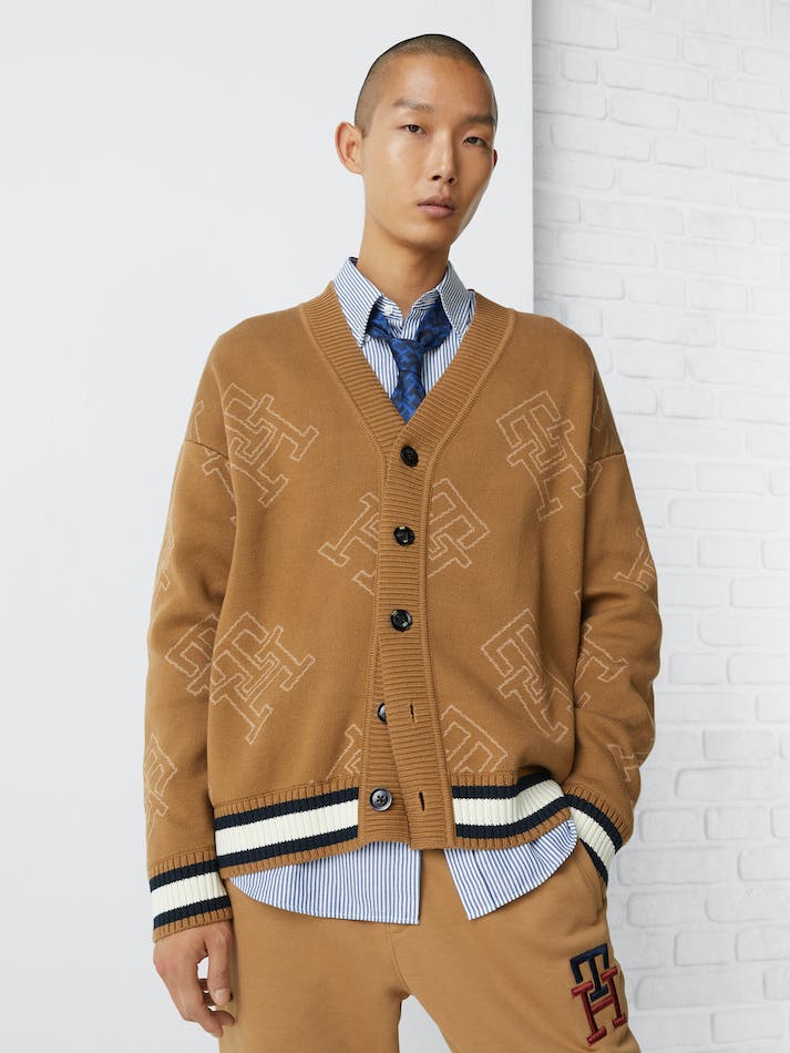 Tommy Hilfiger Th Monogram Tipped Men's Cardigan Khaki | faOn2NE5JrBl