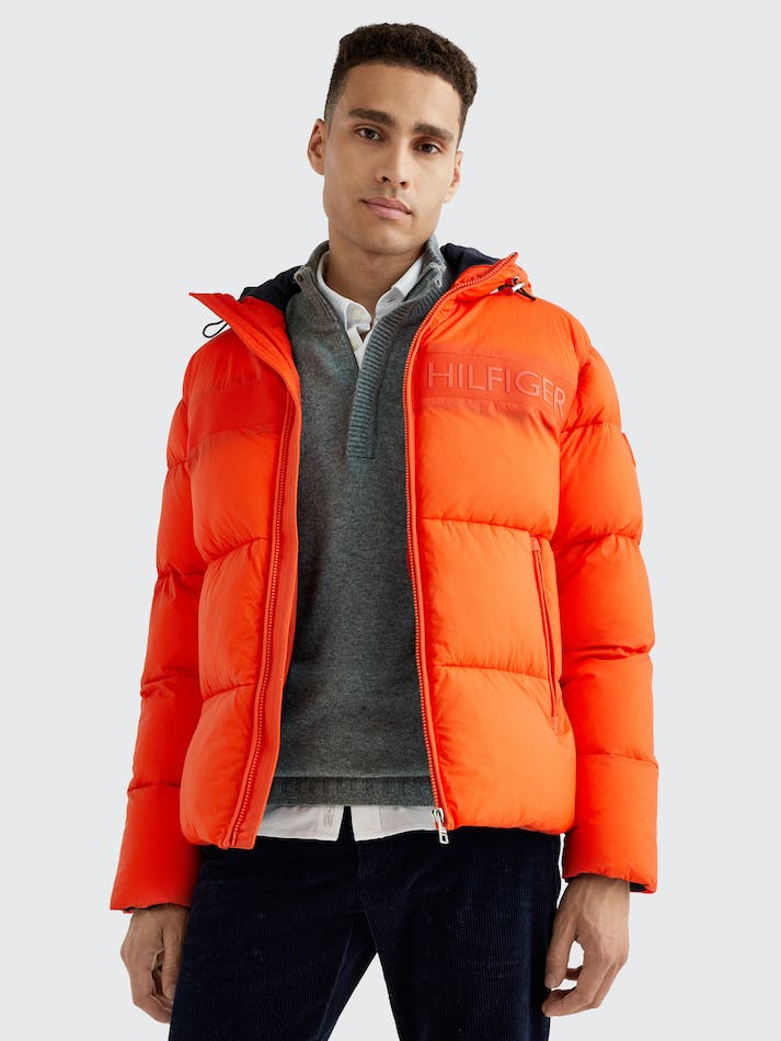 Tommy Hilfiger Tonal Logo Hooded Puffer Men's Jackets Orange | JuICTP6I9HMU