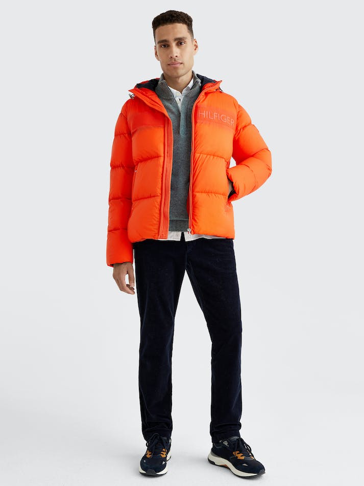 Tommy Hilfiger Tonal Logo Hooded Puffer Men\'s Jackets Orange | JuICTP6I9HMU