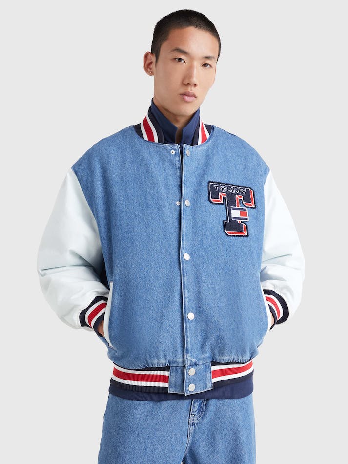 Tommy Jeans Towelling Applique Denim Baseball Men's Jackets Blue | irUt3XxOx44t