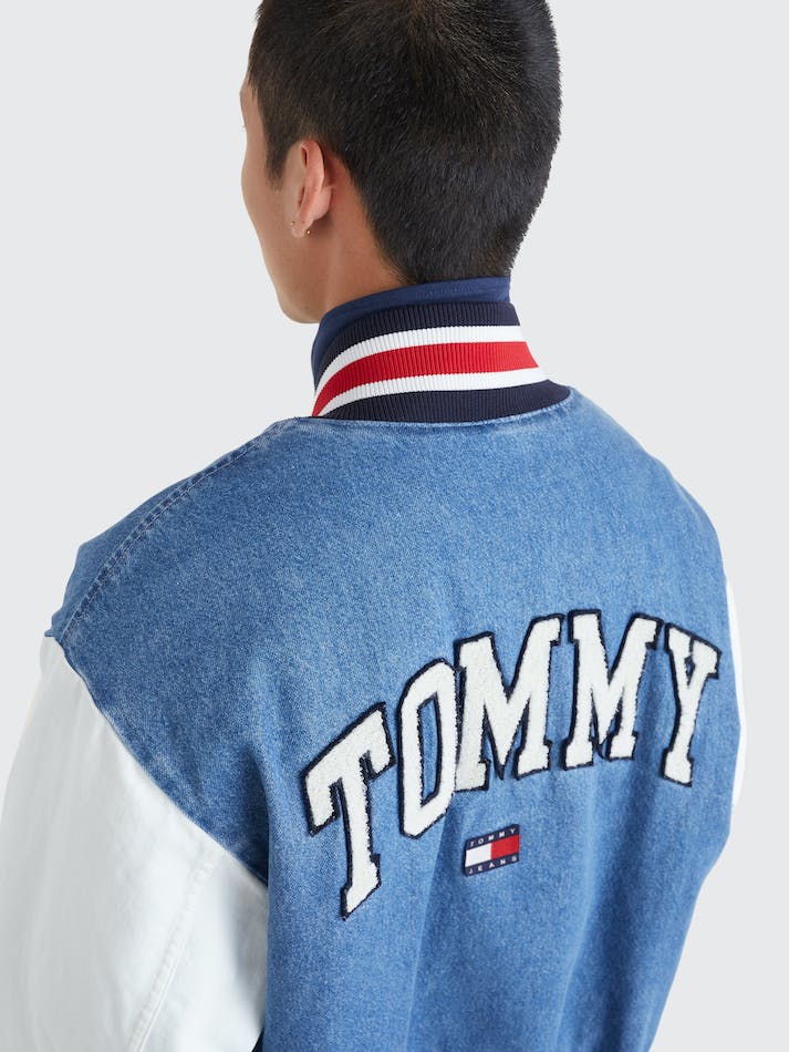 Tommy Jeans Towelling Applique Denim Baseball Men's Jackets Blue | irUt3XxOx44t