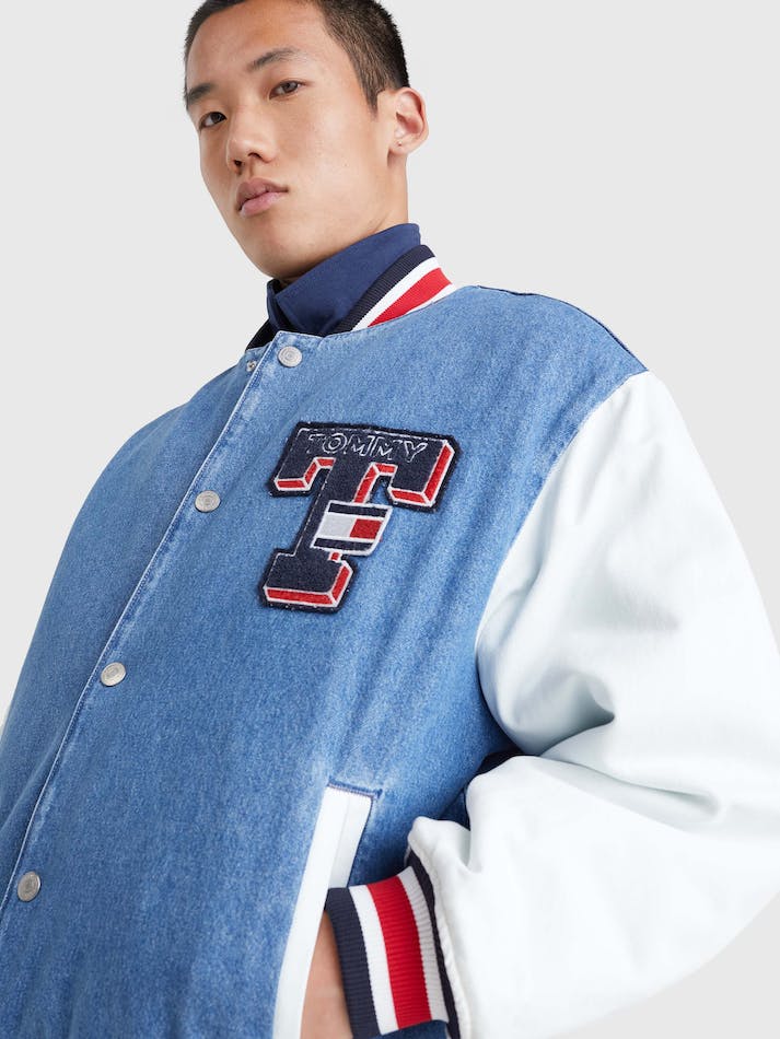 Tommy Jeans Towelling Applique Denim Baseball Men's Jackets Blue | irUt3XxOx44t