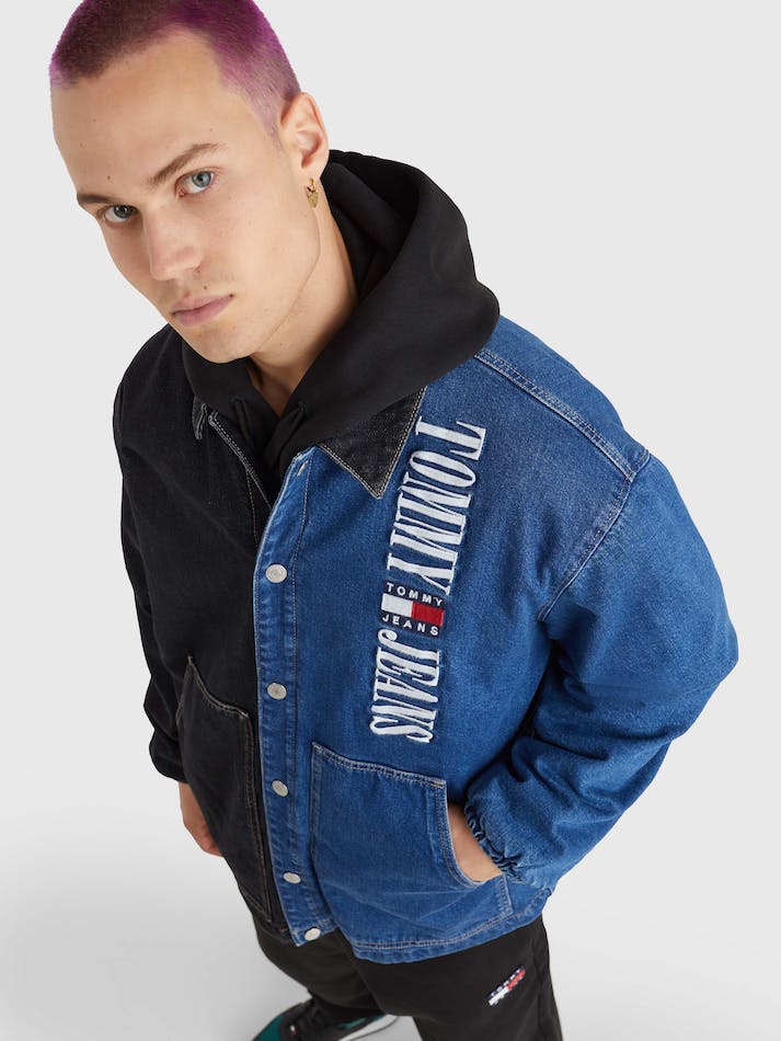 Tommy Jeans Two-Tone Denim Coach Men's Jackets Blue Dark | cqmEPeYuu9Gr