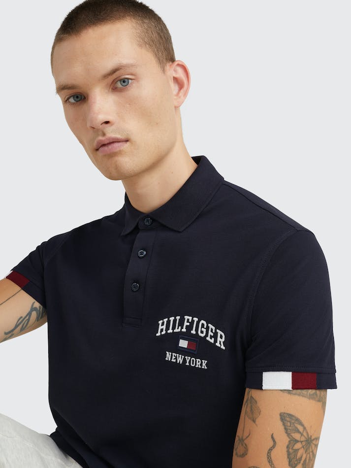 Tommy Hilfiger Varsity Logo Embroidery Slim Fit Men's Polo Shirts Blue | 7fZw7KAE52BB