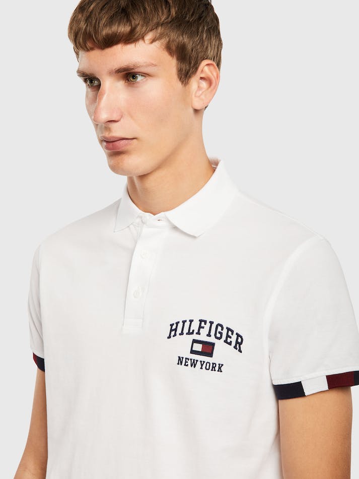 Tommy Hilfiger Varsity Logo Embroidery Slim Fit Men's Polo Shirts White | J4nXwupKqRH1