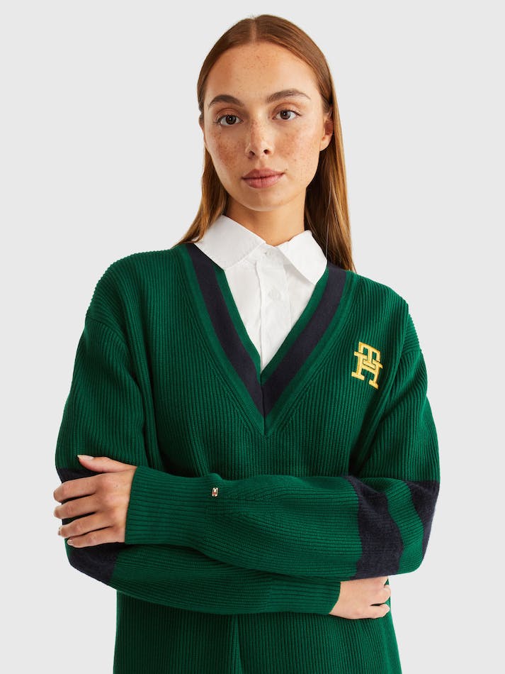 Tommy Hilfiger Varsity V-Neck Women's Sweaters Green | 1yMguAWIS2gg