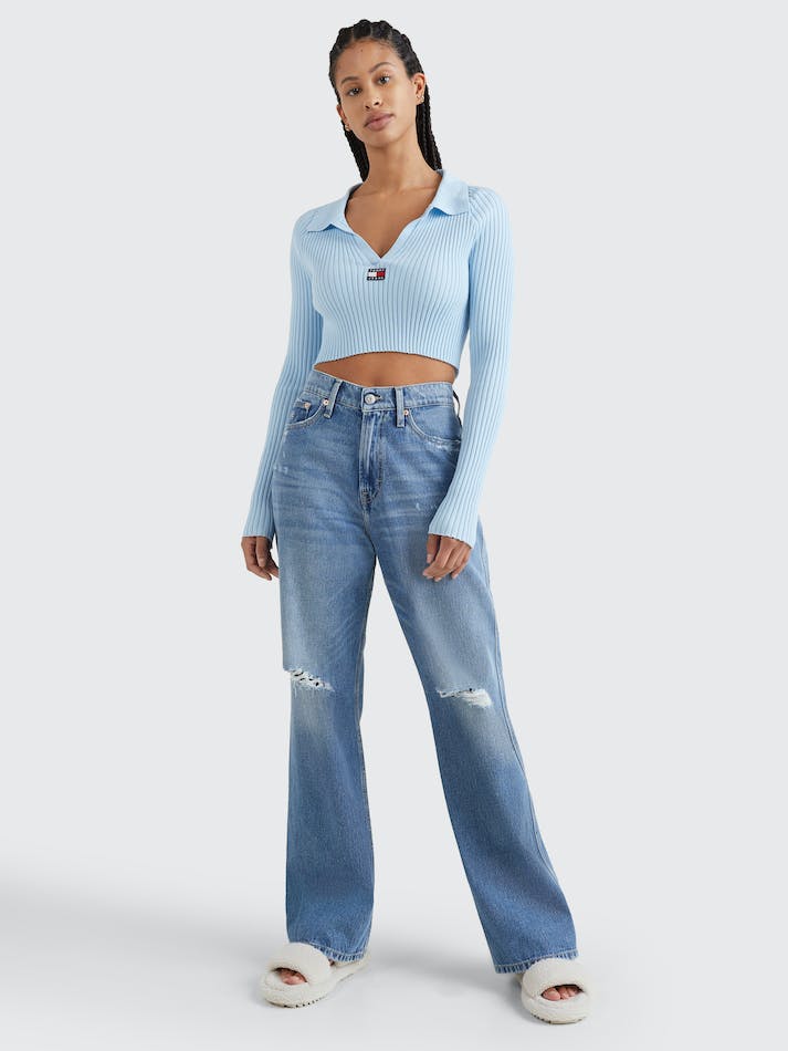 Tommy Jeans Badge Rib-Knit Cropped Women's Jumpers Blue | IHXwhWszwGuD