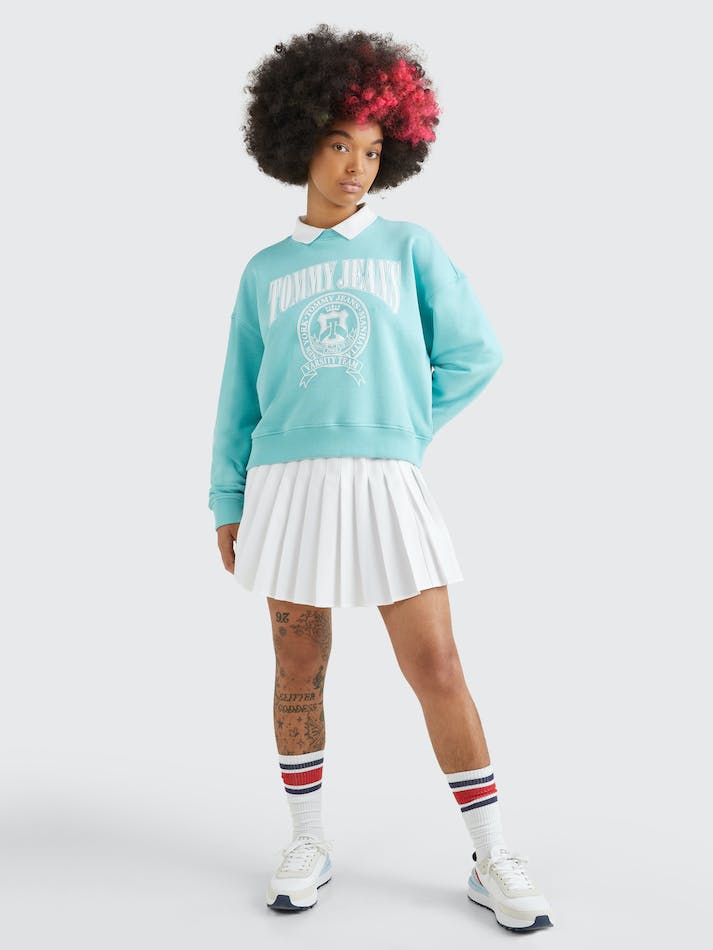 Tommy Jeans Boxy Fit Varsity Polo Women's Sweatshirt Ocean Tide | XiHTIO0p6dfY