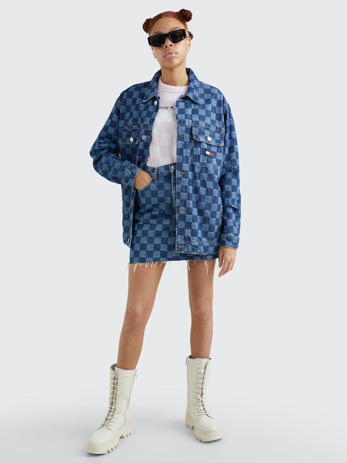 Tommy Jeans Checkerboard Oversized Denim Trucker Women's Jackets Blue | F1tZpdDiBJcK