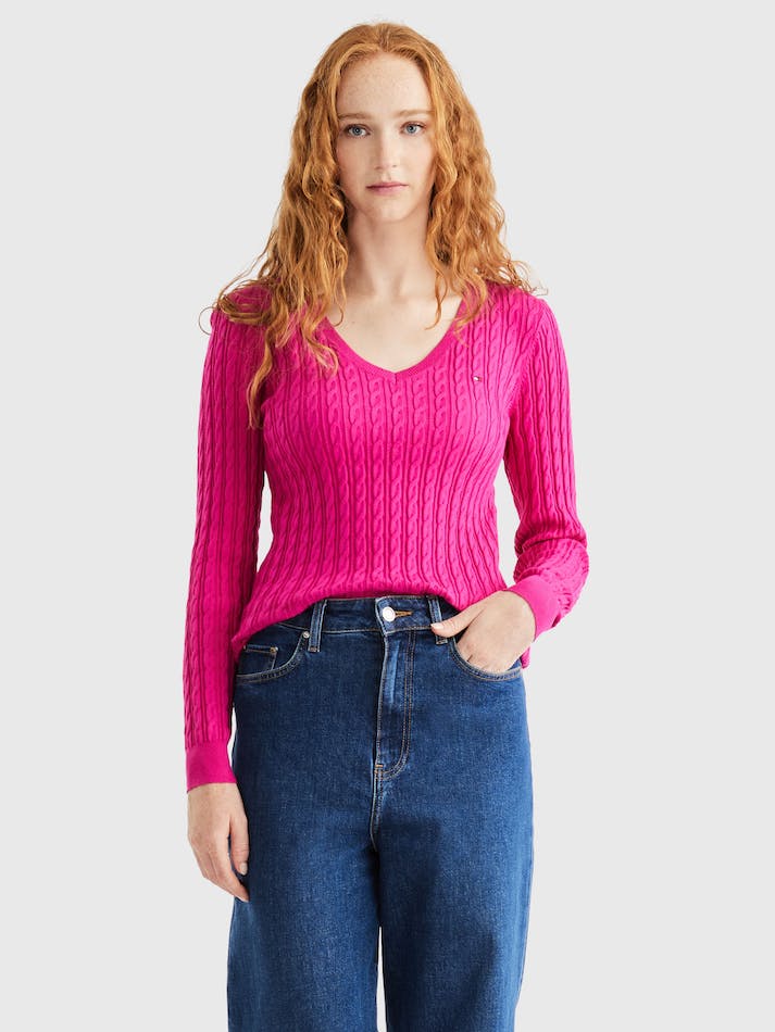 Tommy Hilfiger Classic Cable V Neck Women's Sweater Pink | JntX2TmJmPxH