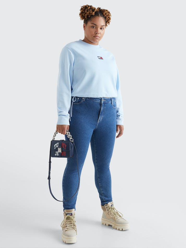 Tommy Jeans Curve Badge Cropped Drawstring Women's Sweatshirt Blue | o1kkZELw63sh