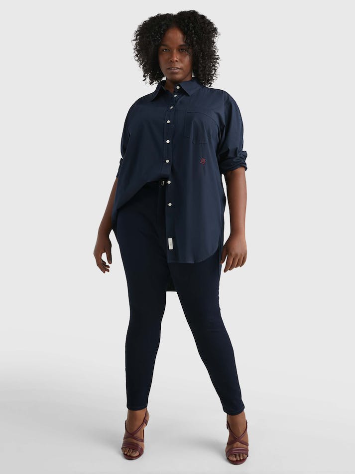 Tommy Hilfiger Curve Monogram Oversized Fit Poplin Women's Shirts Blue | WsPKNgLyLeND