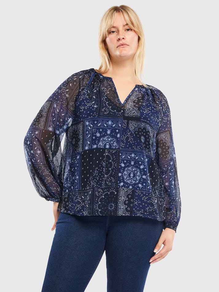 Tommy Hilfiger Curve Paisley Print Relaxed Fit Women's Shirts Blue | Y5FF2XLnBKG1