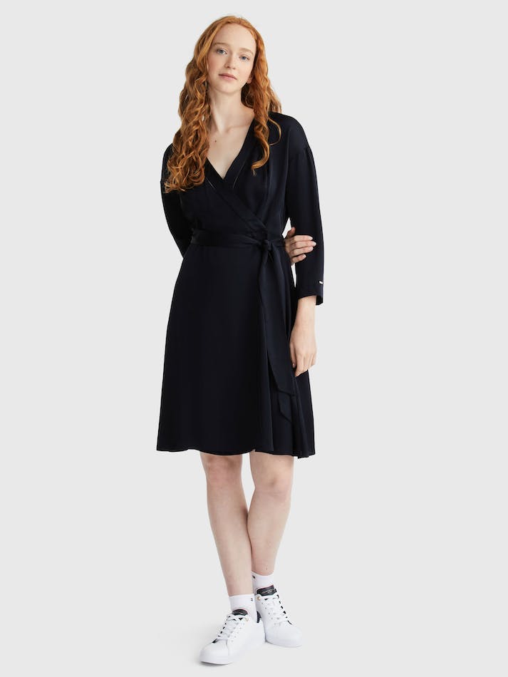 Tommy Hilfiger Exclusive Fit And Flare Wrap Women's Dress Blue | OTsiy2FWHzSR