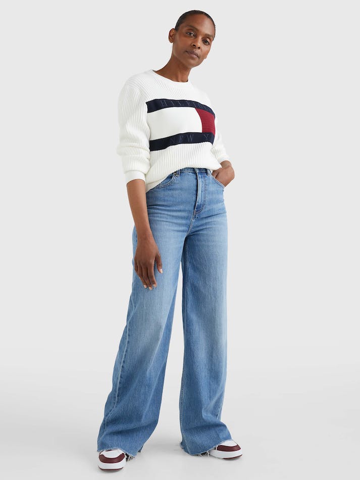 Tommy Hilfiger Flag Crew Neck Women's Jumpers White | 1SKUshKYTEQk