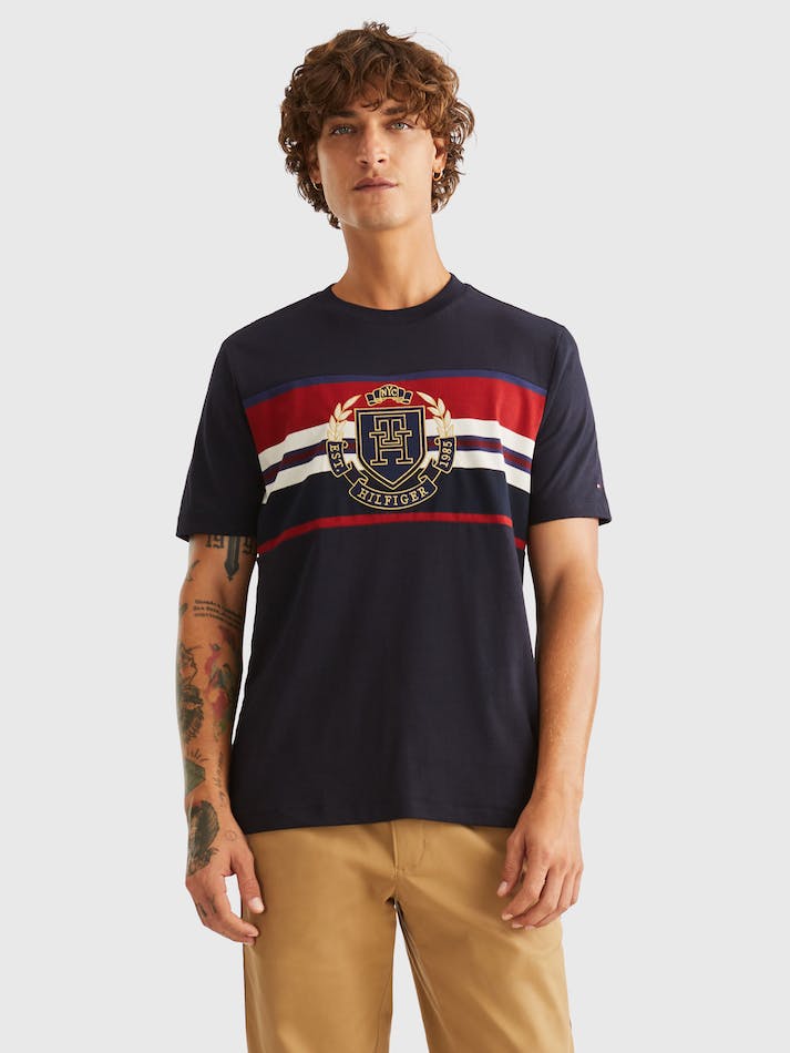 Tommy Hilfiger Icon Crest Stripe Men's T Shirts Blue | x8Q2o2RjrPcq