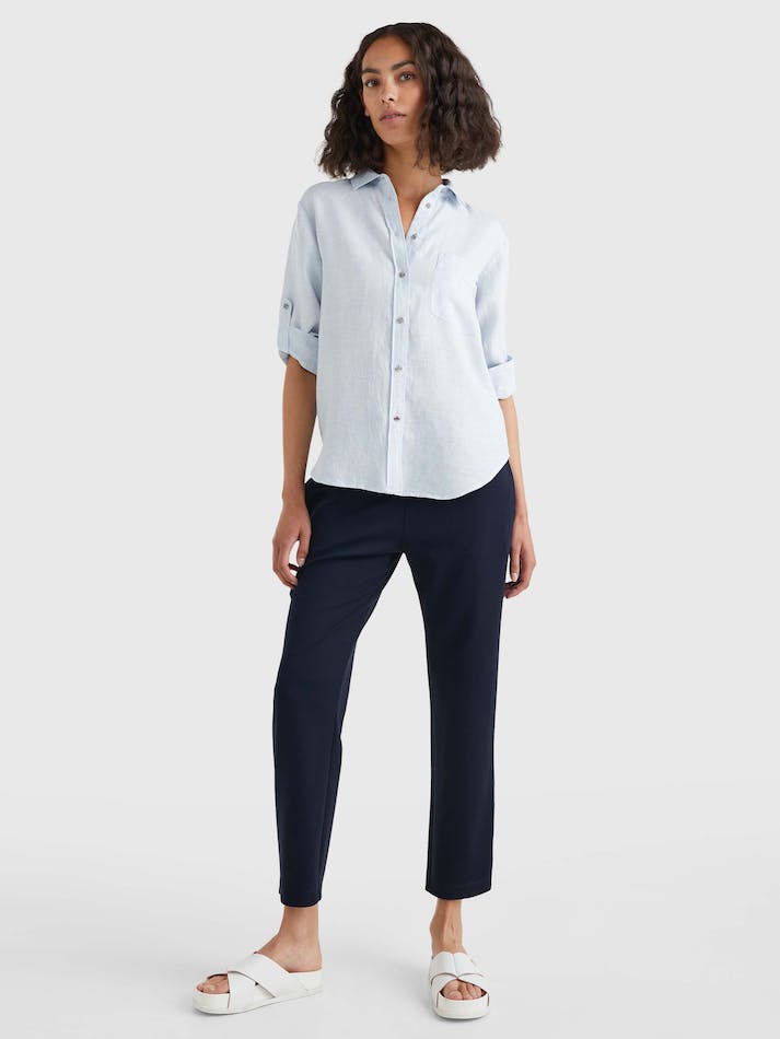 Tommy Hilfiger Linen Longline Relaxed Fit Women's Shirts Blue | 823n5ON2BhqB