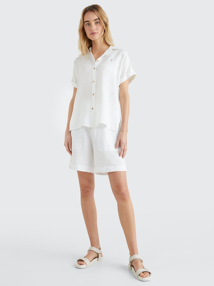 Tommy Hilfiger Linen Short Sleeve Women's Shirts White | P96CnCo66IpH