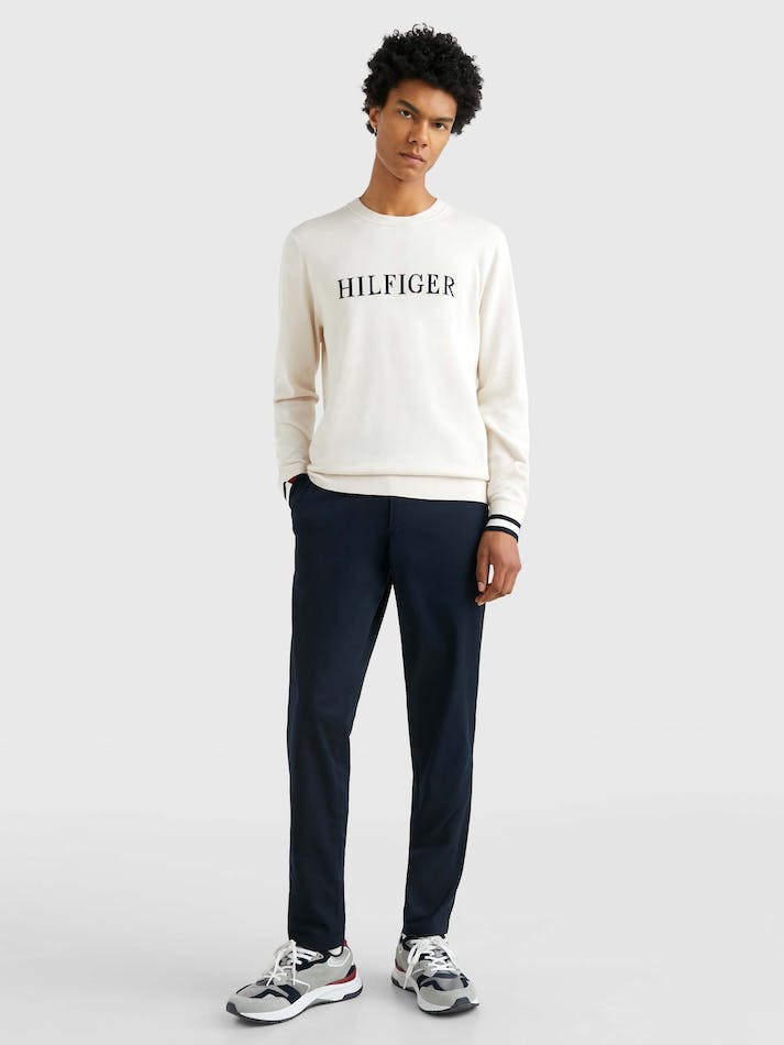 Tommy Hilfiger Logo Embroidery Crew Neck Men's Jumpers White | I0IrGglVLDtK