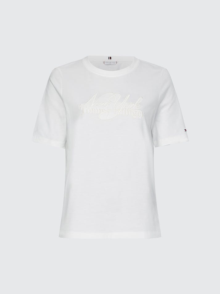 Tommy Hilfiger Logo Embroidery Crew Neck Women's T Shirts White | 8aj3BNTklTEn