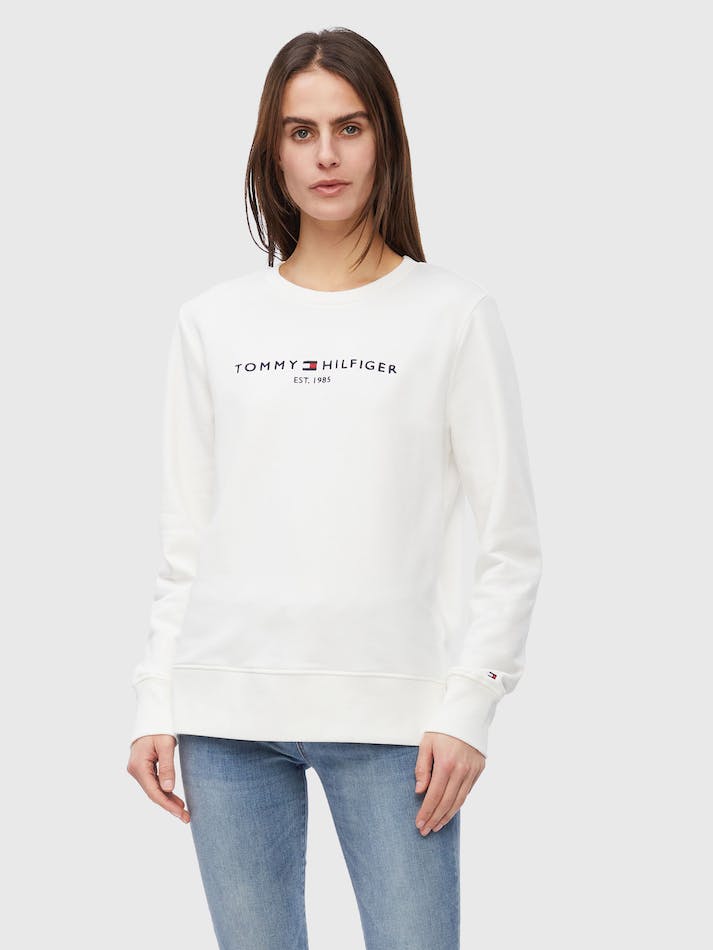 Tommy Hilfiger Logo Organic Cotton Crew Neck Women's Sweatshirt White | ZWxO6tg0TJQ2