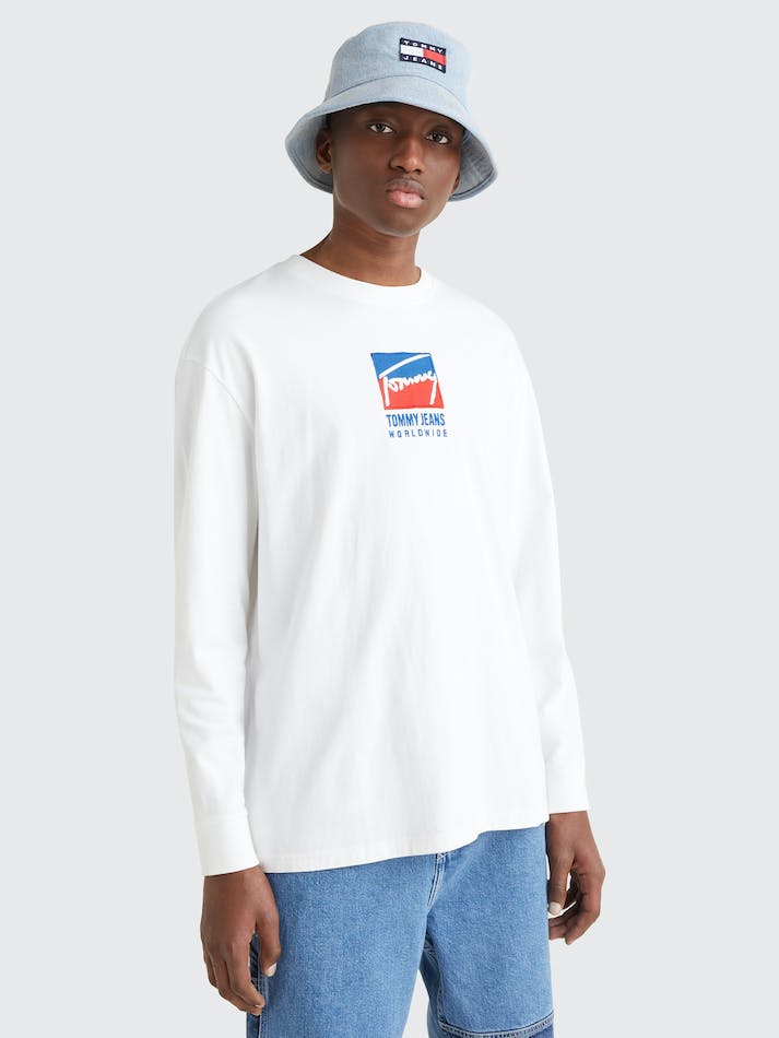 Tommy Jeans Long Sleeve Logo Embroidery Men's T Shirts White | r0534OJDnbR8