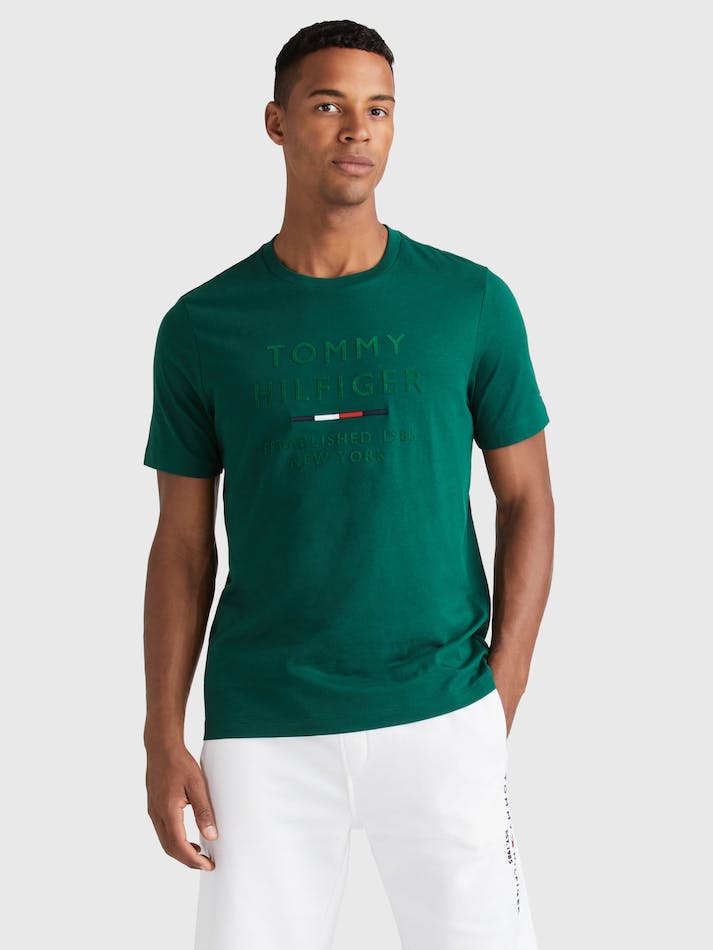 Tommy Hilfiger NYC Flock Logo Men's T Shirts Green | SVi0a6fu0yAY