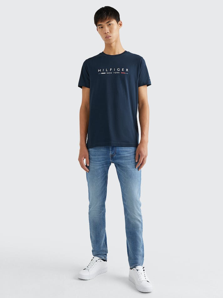 Tommy Hilfiger NYC Logo Slim Fit Men's T Shirts Blue | CWkk7BnikKG9