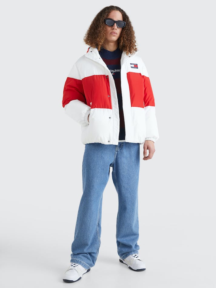 Tommy Jeans Shiny Colour-Blocked Oversized Puffer Men's Jackets White | mnf0M4E4Gaqi