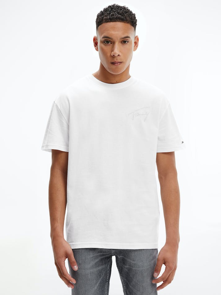 Tommy Jeans Signature Logo Recycled Cotton Men's T Shirts White | 7iXAIMWhMPCw