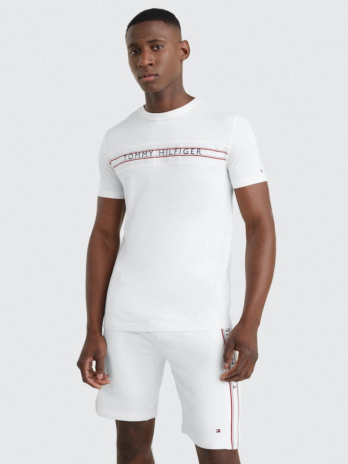 Tommy Hilfiger Signature Tape Logo Men's T Shirts White | CXT3ogNWpRiT